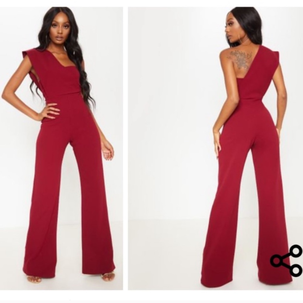 PLT NWT Burgundy Drape One Shoulder Jumpsuit